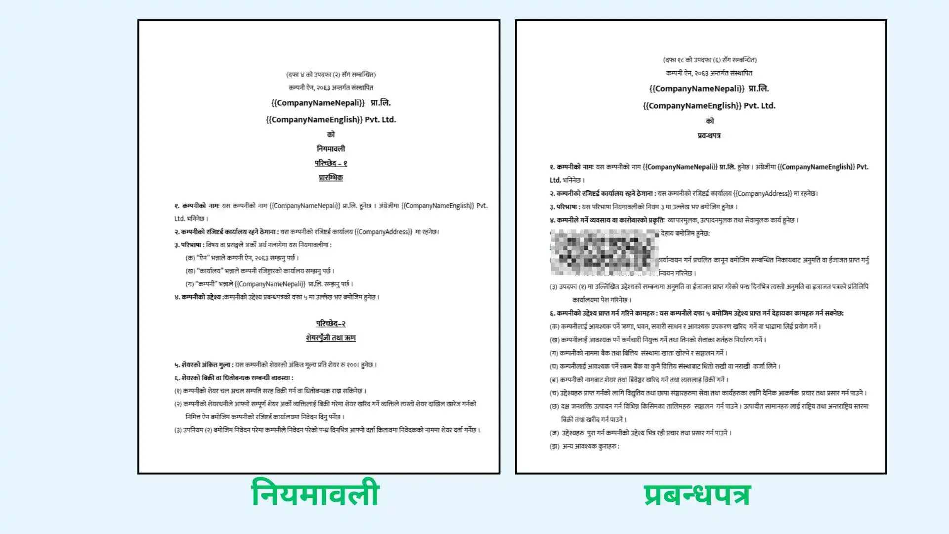 First page of MOA and AOA documents showing essential company registration requirements for Nepal